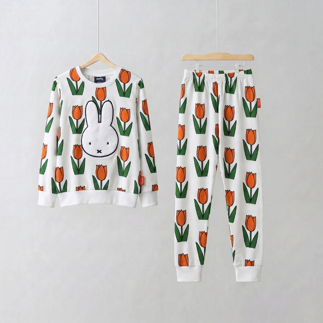Miffy in the Meadow tulip print bamboo lounge set, front view