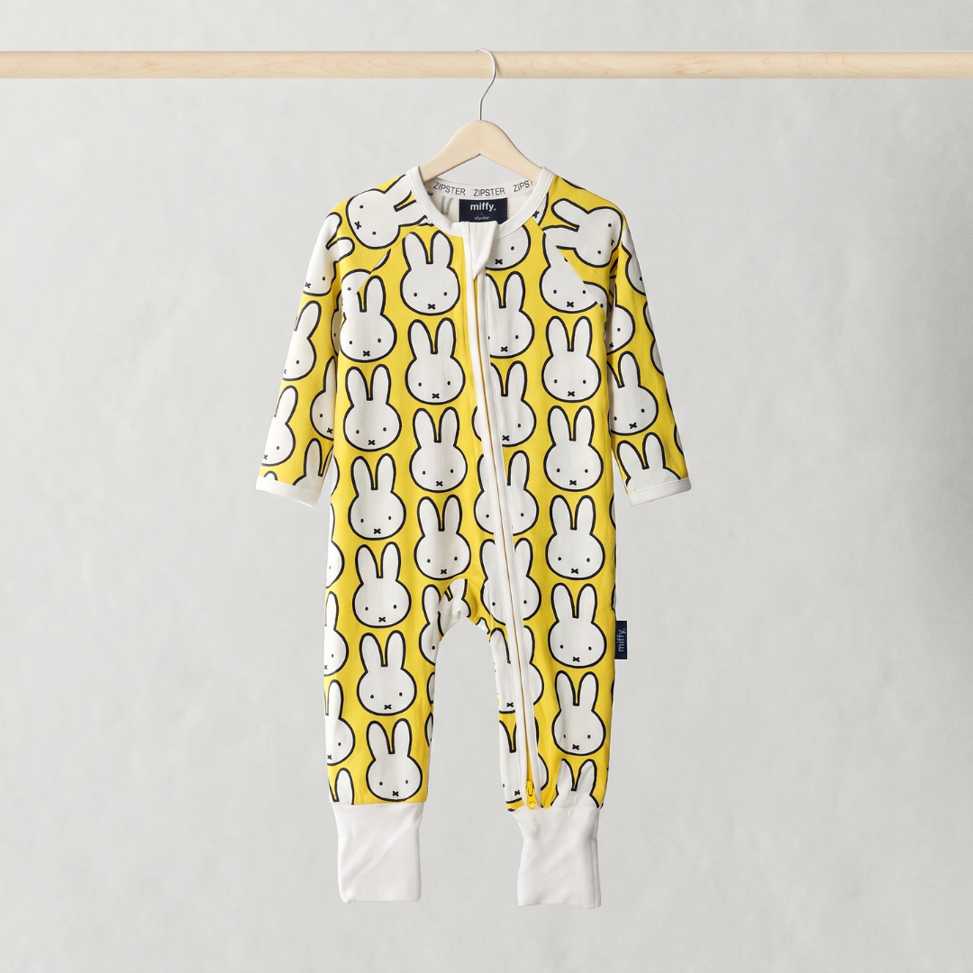 ZIPSTER x Miffy Hello Yellow bamboo babygrow, front view